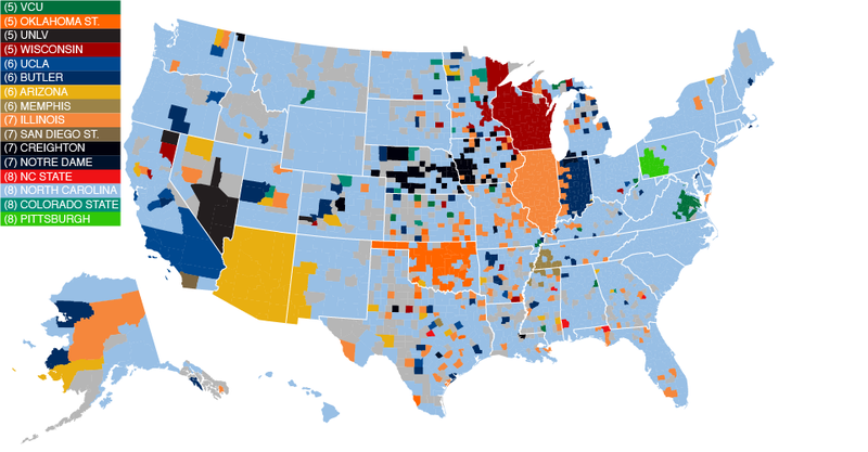 Illustration for article titled Facebook Data Give Us The Best Fandom Map of the NCAA Tournament